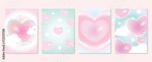 Abstract gradient Y2K style template cover vector set. Happy Valentine's Day decorate with trendy gradient heart, cloud, y2k colorful background. Design for greeting card, fashion, commercial, banner.