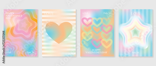 Abstract gradient Y2K style template cover vector set. Happy Valentine's Day decorate with trendy gradient heart, stars, y2k colorful background. Design for greeting card, fashion, commercial, banner.