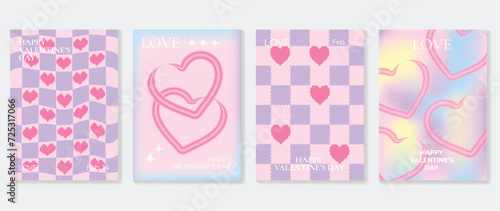 Abstract gradient Y2K style template cover vector set. Happy Valentine's Day decorate with trendy gradient heart vibrant y2k colorful background. Design for greeting card, fashion, commercial, banner.