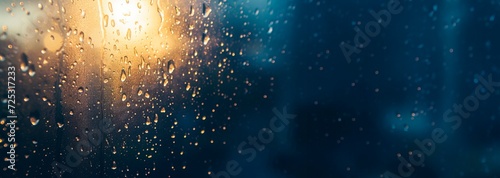 raindrops dropping on window, blurred night city light leak on the background, horizontal banner, large copy space for text 