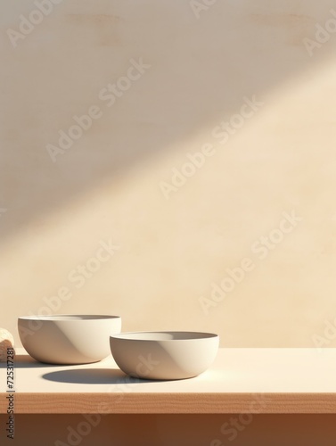 Two bowls on a table in front of a wall. Generative AI.