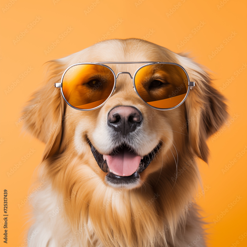 Golden Retriever wearing sunglasses are looking straight ahead and smiling. AI drawing.