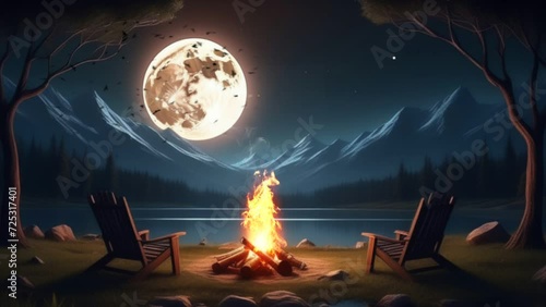 Beautiful night with a campfire by the lake in the moonlight photo