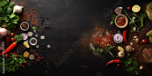 Spices and salad on dark wooden table from above.