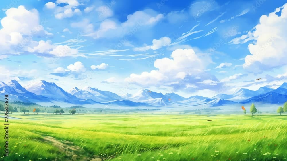 Panorama of landscape with mountains meadow valley. fantasy cartoon or anime watercolor digital painting illustration style. seamless looping overlay 4k virtual video animation background