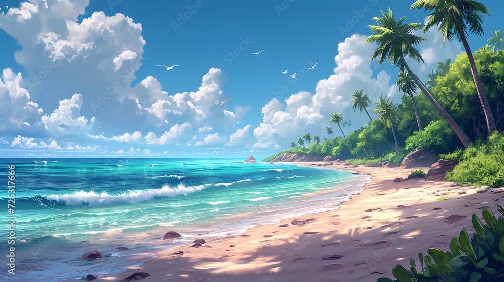 Beautiful tropical beach along the coastline, seaside, side view of sandy beach. blue sky, background wallpaper.