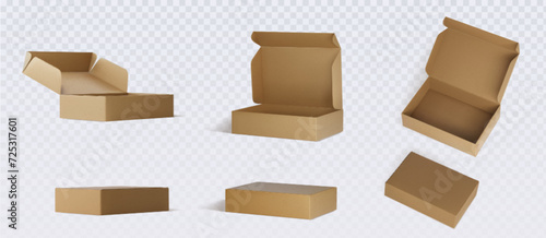Brown cardboard box mockups set isolated on grey background. Vector realistic illustration of open and closed 3d carton packages for shoes, mail delivery, gift parcel packaging with blank surface