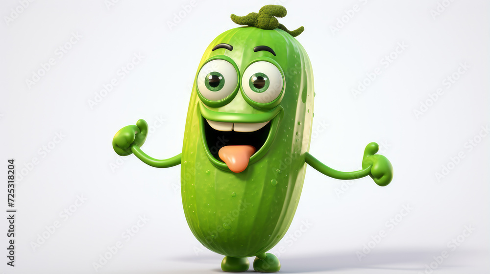Green cucumber with a cheerful face 3D on a white background.