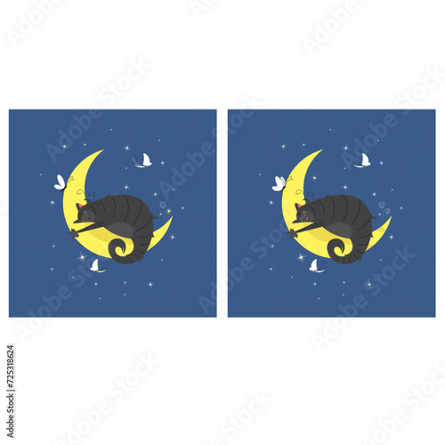 find 10 differences. an illustration for children. an educational game. The cat on the moon