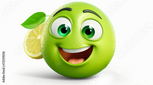 Green lime with a cheerful face 3D on a white background.