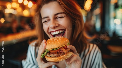 Fat joyful woman eating burger