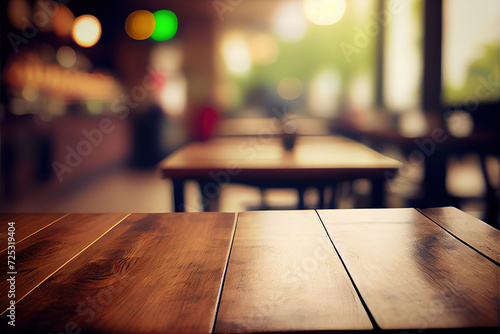 Empty wood table for product display in blur background of admirable restaurant at night generative ai