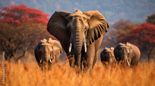 Group of Elephant on the meadow, peace atmosphere background © kheat