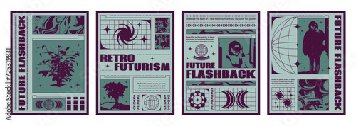 Y2k aesthetic posters set with woman silhouette. Vector realistic illustration of retro futuristic flyers, female character taking selfie on abstract green background, retrowave art collage banners