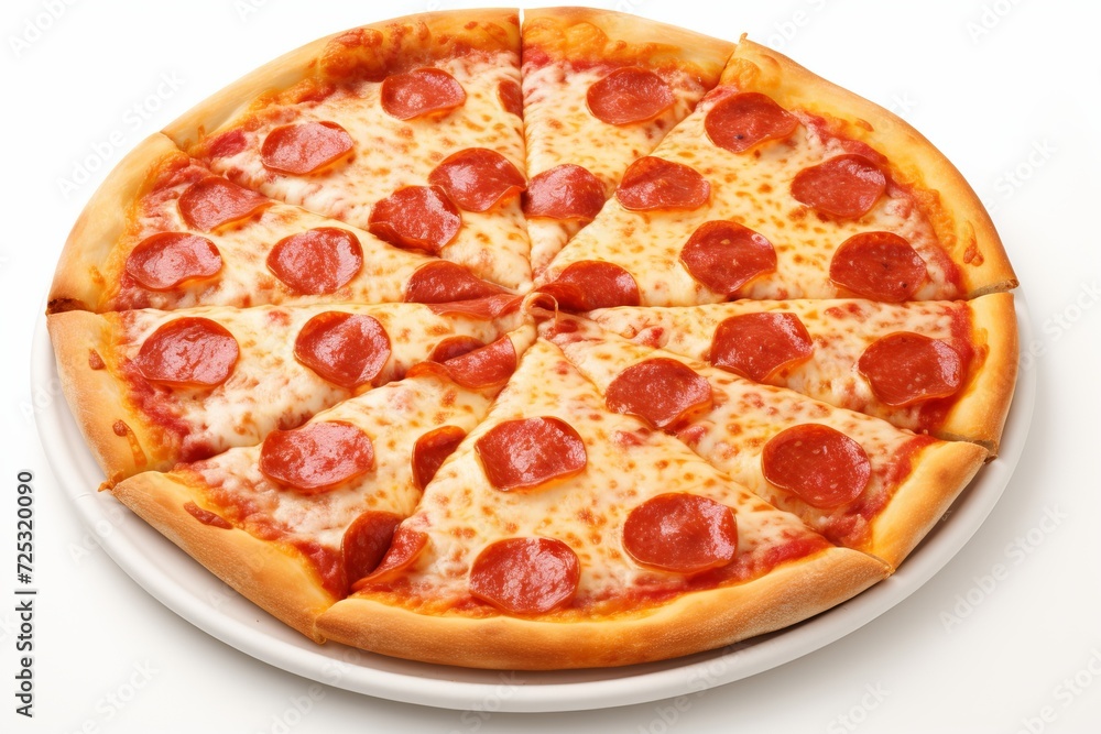 Close-up of a pepperoni pizza on a white background - delicious fast food concept for food lovers Close-up of a pepperoni pizza on a white background - delicious fast food concept for food lovers