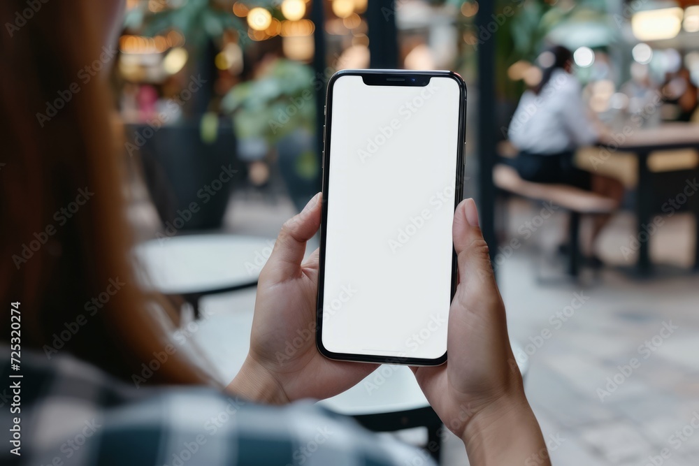 Mockup image of a woman holding smartphone with white screen in cafe Mockup image of a woman holding smartphone with white screen in cafe