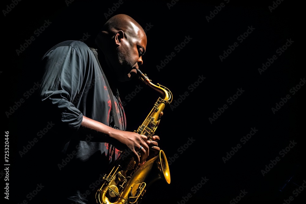 Fototapeta premium Elegant elderly man showcasing musical talent, playing jazz saxophone in sophisticated evening bar ambiance