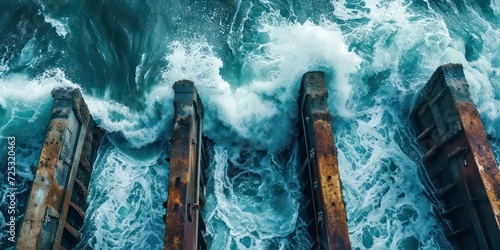 Top view reveals a protective seascape featuring several vertical barriers strategically placed to mitigate the impact of the waves. photo