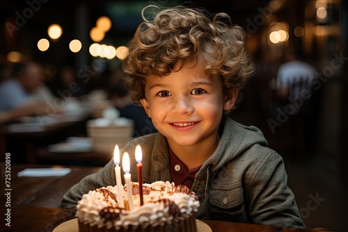 Beautiful little boy celebrating his birthday with birthday cake with candles while smiling at the camera  child birthday celebration