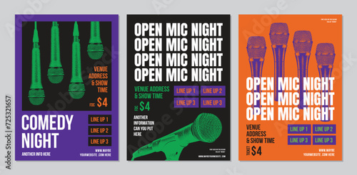 Open mic night poster, stand up comedy show poster or flyer or banner design, flyer template with microphone and bright elements, three set of posters composition on grey background. Vector photo
