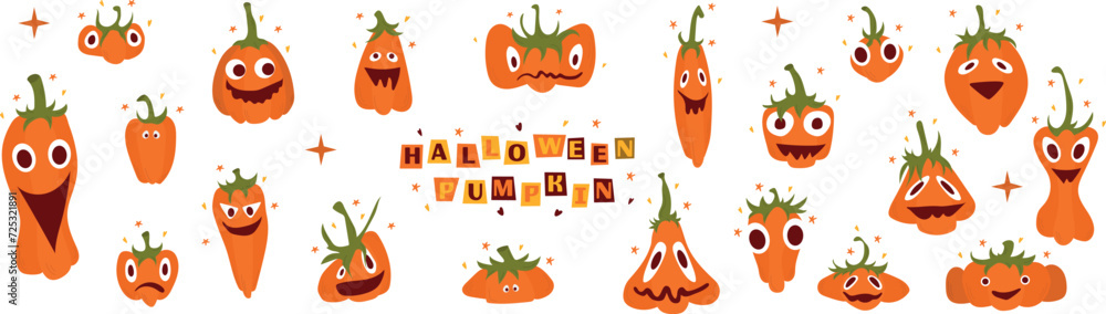Halloween set of hand draw pumpkins, vector, cutout lettering, smiling faces, isolated on white background. Cartoon style.Cute characters. Vegetables. Halloween set of hand draw pumpkins, vector, cutout lettering, smiling faces, isolated on white background. Cartoon style.Cute characters. Vegetables.