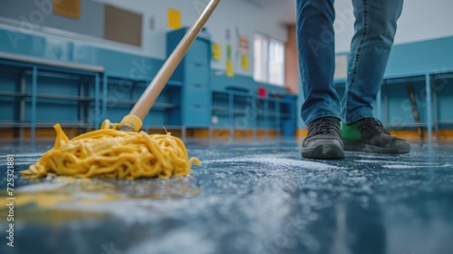 Janitor mopping the floor in an empty school classroom