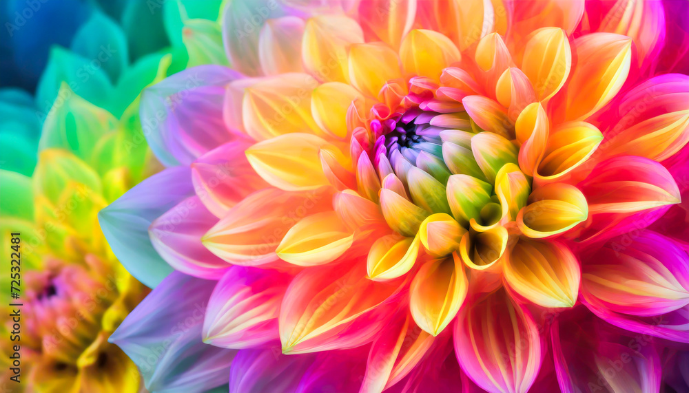 Close up of a colorful magical dahlia, modern spring summer wallpaper; selective focus Close up of a colorful magical dahlia, modern spring summer wallpaper; selective focus