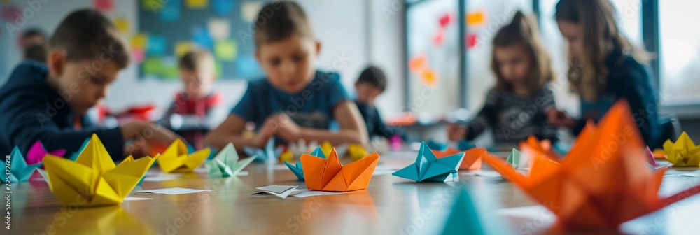 Naklejka premium Origami Workshop, people of all ages engaging in an origami workshop, background image, generative AI