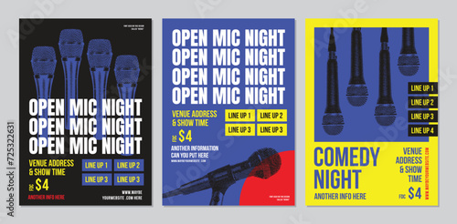 set of Open Mic Night posters, modern and elegant design, indie, live performance comedy show, stand up comedy poster