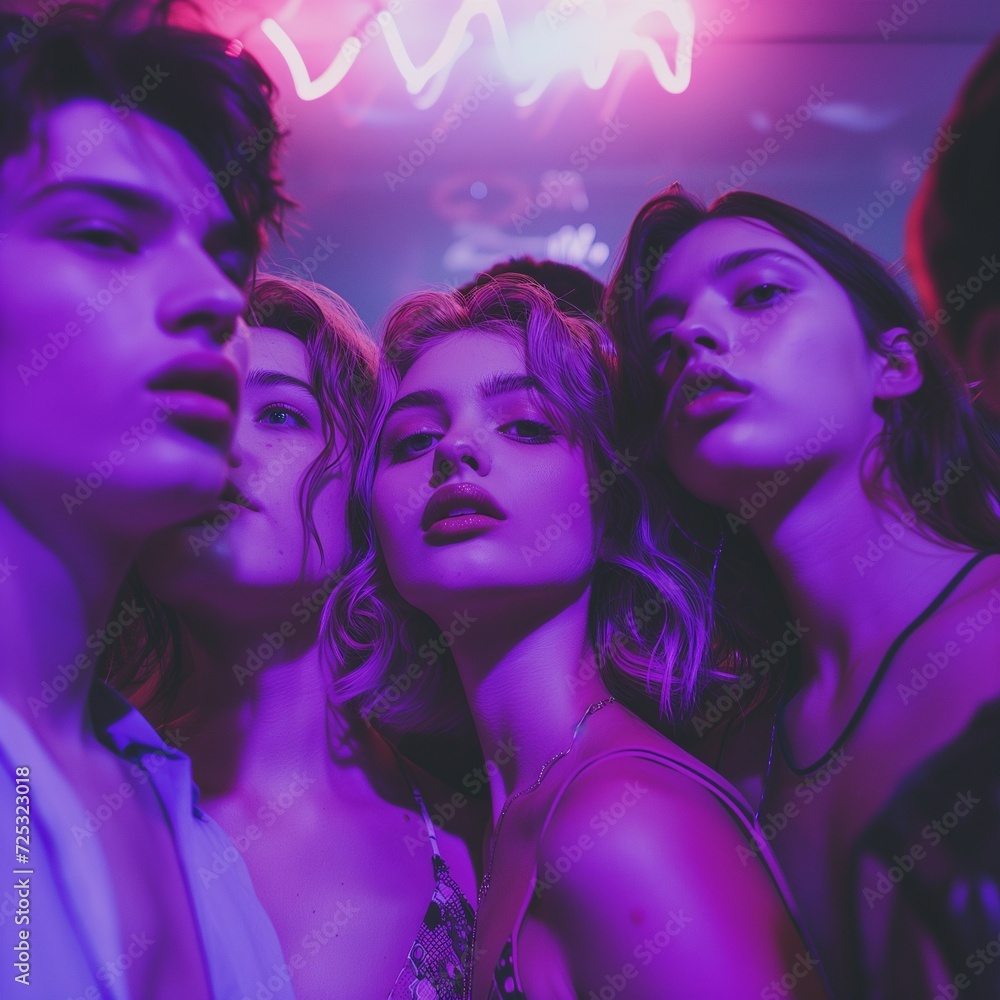 Intimate close-up of stylish youths enjoying the vibrant neon-lit nightlife. The image exudes the edgy glamour of a fashionable night out in the city. Intimate close-up of stylish youths enjoying the vibrant neon-lit nightlife. The image exudes the edgy glamour of a fashionable night out in the city.