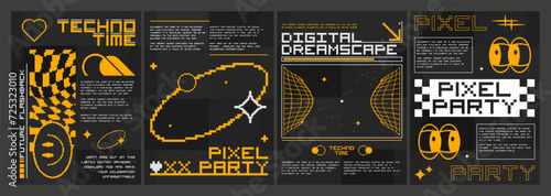 Retro futuristic vibe party banners set. Vector realistic illustration of retrowave aesthetic posters with orange pixel emoji and wireframe design elements on black background, y2k aesthetic flyers