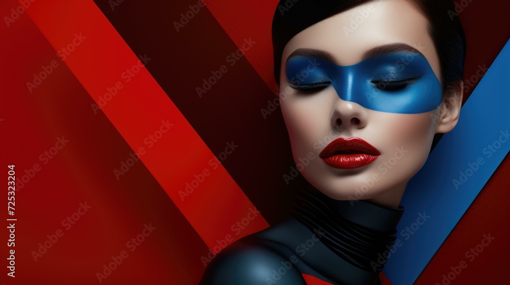 A striking blend of warm reds and cool blues adorns the face of a beautiful woman. Generative AI. A striking blend of warm reds and cool blues adorns the face of a beautiful woman. Generative AI.