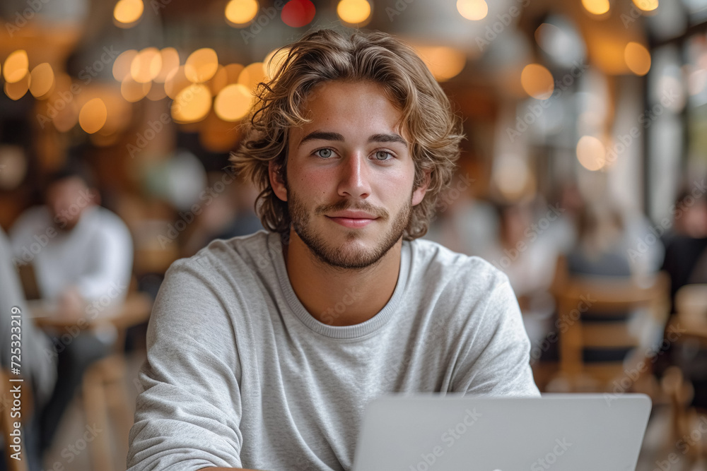 Fototapeta premium Smiling Man Office IT-Specialist - Confident and Approachable Professional in Technology Field, Ideal for Corporate and Tech Contexts, Generated AI