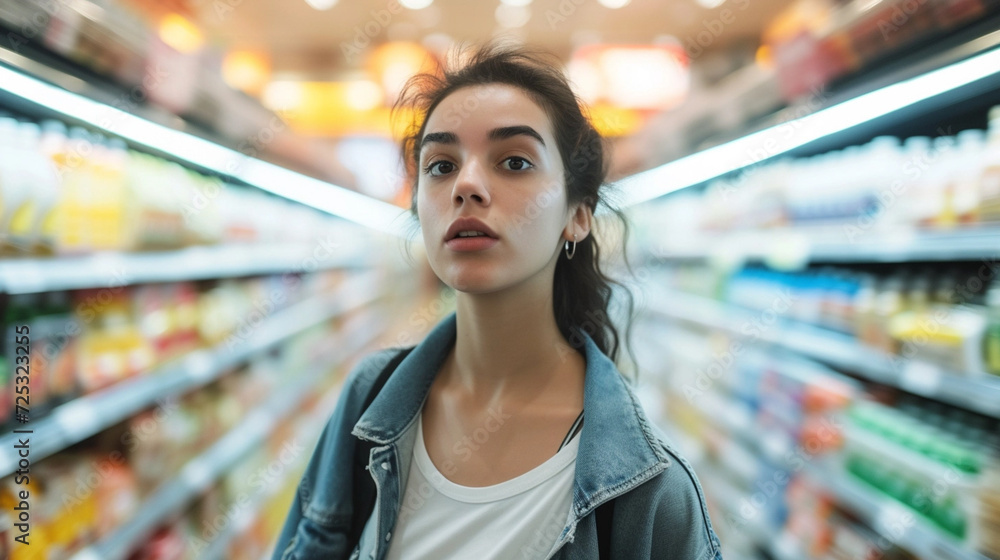 woman in front of blurred supermarket