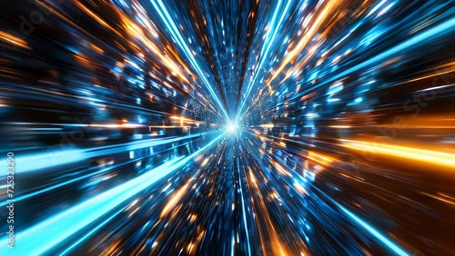 A data stream where blue and orange lights converge with a sense of speed, representing the high-speed transmission of energy and information.
 photo