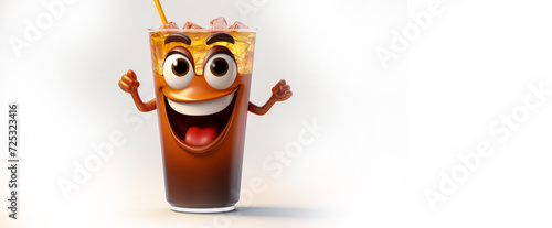 Glass of cola with a cheerful face 3D on a white background.