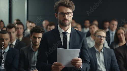 Caucasian man with serious expression at head of conference room, holding file for his speech, surrounded by attentive audience, focused and attentive atmosphere, like a lawyer doing an advocacy