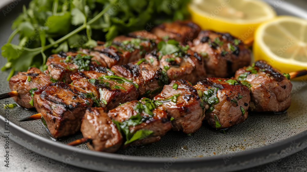 Skewers of boneless beef meat grilled by traditional recipe served with lemon and vibrant greens, fresh cilantro