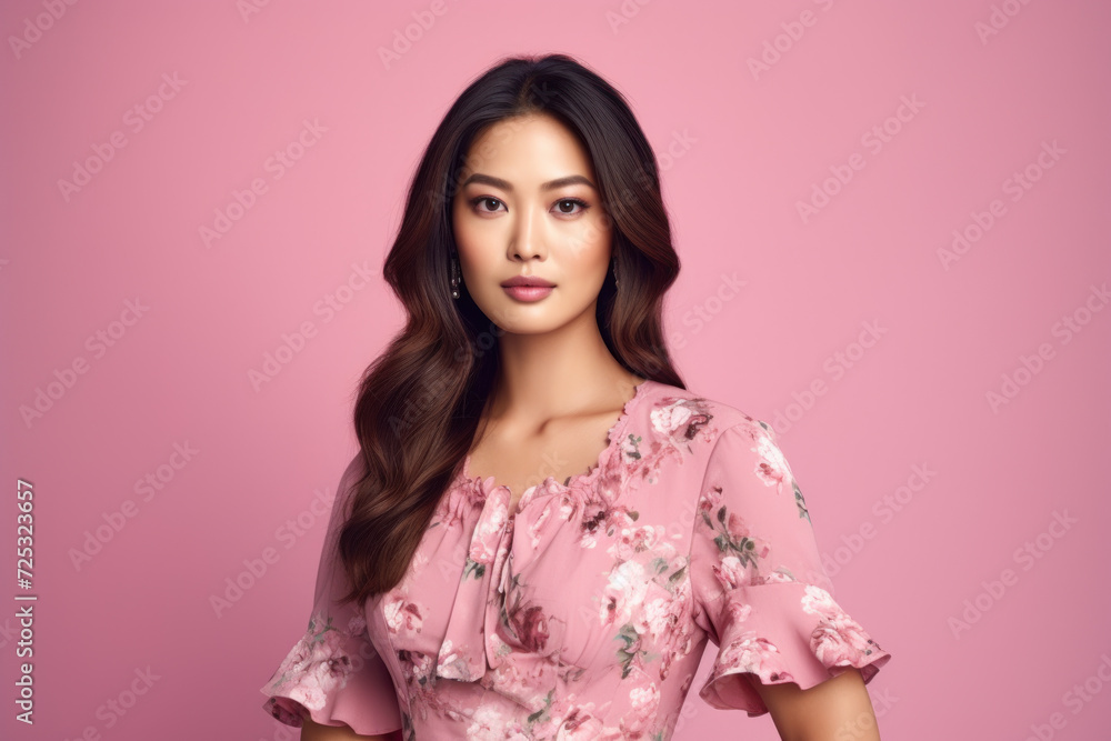 Smiling Brunette asian Woman in pink Dress Happiness in Studio Portrait Smiling Brunette asian Woman in pink Dress Happiness in Studio Portrait