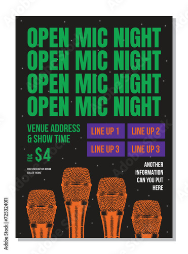 Modern Poster Card Of Stand Up Comedy Show Shiny Microphone Open mic night black Background