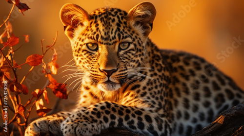 Leopard relaxation on the ground  Evening atmosphere background