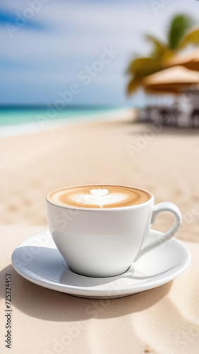Cup of coffee on white saucer on beach bar counter, blue sky, white oceanic sand, light blurred background, selective focus, copy space