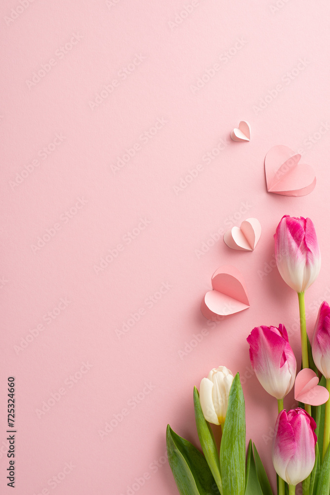 Tulip dreams: Overhead vertical shot capturing the beauty of tulips and heart motifs on a girlish pink background. Perfect for personal greetings or promotional purposes