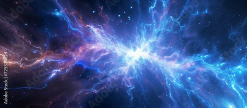 Computer-generated abstract background with blue high-power plasma in deep space, composed of matter and antimatter. photo