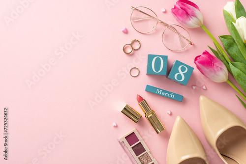 Femme Fatale Chic: Top view ensemble featuring fresh tulips, March 8 calendar cube, lipstick, elegant jewelry, high heels, glasses on soft pink surface. Ideal for celebrating essence of perfect lady