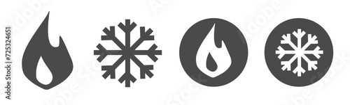 Cold hot icon simple graphic pictogram vector set, snowflake fire heat freeze button symbols black white monochrome minimal sign, summer winter temperature mode logo label image clipart