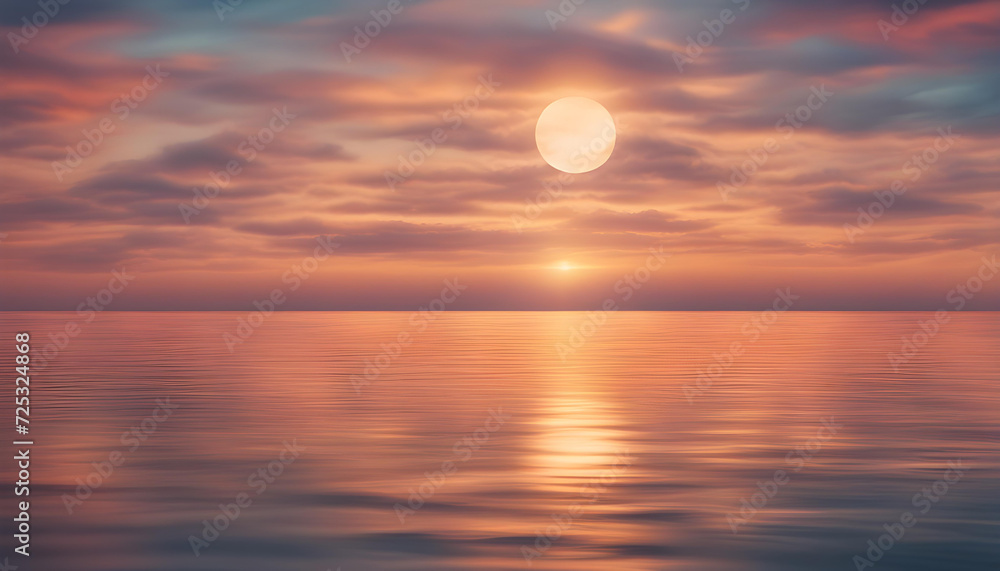 Calm sea with sunset sky and sun through the clouds over