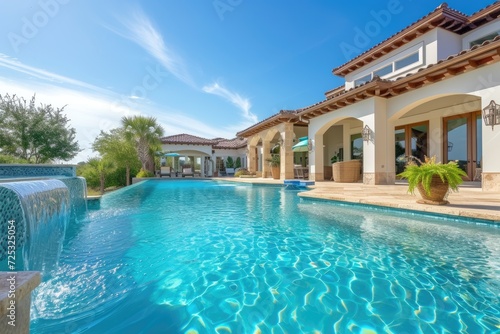 Beautiful Home Exterior and Large Swimming Pool on Sunny Day with Blue Sky   Features Series of Water Jets Forming Arches © Mamstock