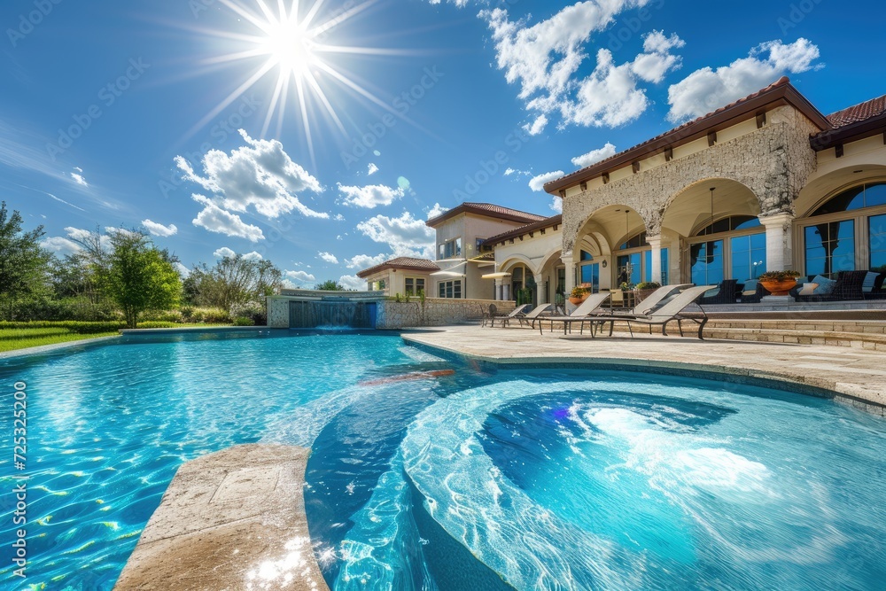 Beautiful Home Exterior and Large Swimming Pool on Sunny Day with Blue Sky | Features Series of Water Jets Forming Arches