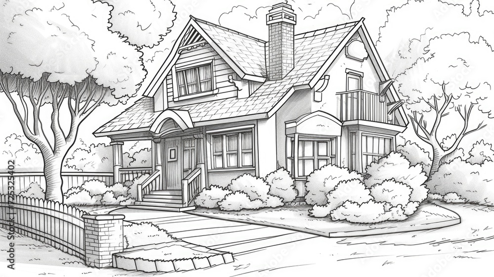 Detailed House Sketch with Trees
